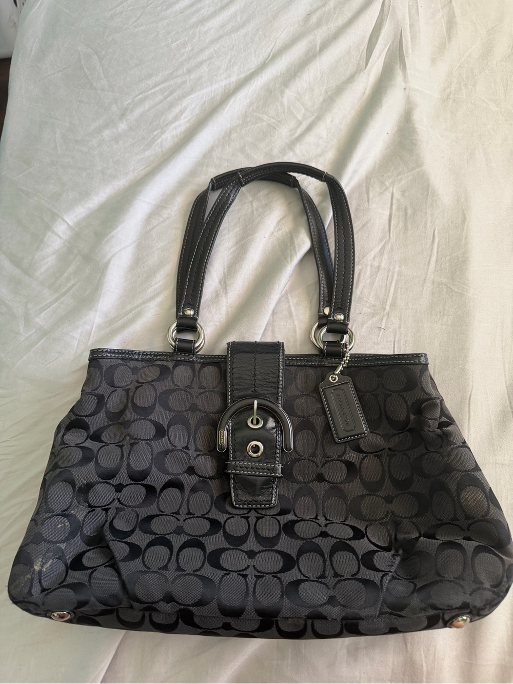 Coach Black Signature Canvas Shoulder Bag with Buckle Detail